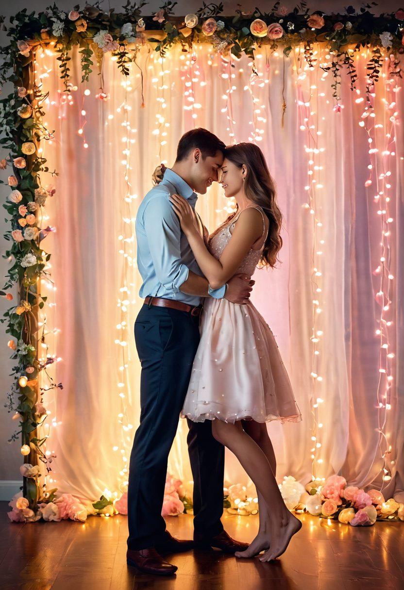 A romantic scene featuring a couple engaging in playful flirting, surrounded by soft, dreamy lights. Incorporate elements like whispering flowers and whimsical hearts floating in the air. The backdrop should have a sunset glow, creating an atmosphere of intimacy and allure. Capture the essence of attraction and desire through their expressive body language. pastel colors. dreamy. soft focus.