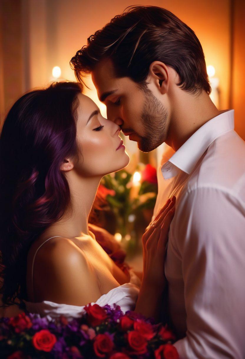 A passionate couple entwined in an intimate embrace, surrounded by soft, glowing candlelight that casts gentle shadows on their faces. Lush, red and purple flowers bloom around them, symbolizing desire and romance, as their eyes lock in a deep, soulful gaze. The atmosphere is warm and inviting, exuding sensuality and connection. This scene captures the essence of love, intimacy, and the exploration of desire. super-realistic. vibrant colors. soft focus.