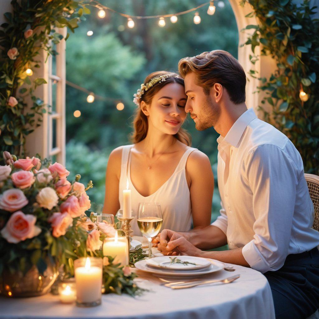 A serene and intimate setting featuring a soft candlelit dinner for two, surrounded by lush greenery and blooming flowers. The couple shares a tender gaze across a beautifully set table, with delicate wine glasses and delicious cuisine that hint at romance. The atmosphere radiates warmth, love, and passion, with a subtle glow from fairy lights in the background. watercolor painting. dreamy colors. soft focus.